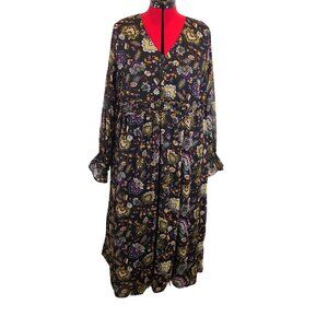 NWT Torrid Chiffon Floral Midi Dress Lurex V-Neck Tiered Long Sleeve, Size 14-16